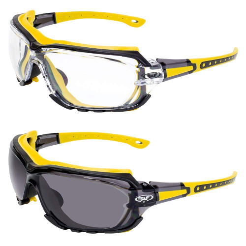 Global Vision 2 Pair Octane Padded Motorcycle Safety Sunglasses Clear and Smoke Lens ANSI Z87.1 (Yellow)