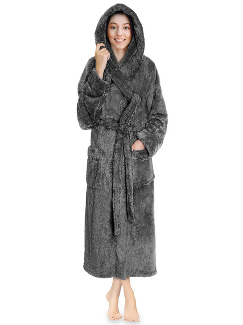 PAVILIA Women Hooded Plush Soft Robe | Fluffy Warm Fleece Sherpa Shaggy Bathrobe (S/M, Gray)