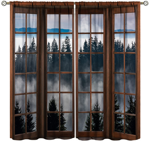 Misty Forest Landscape Curtains, Wooden Window Forest Mountain Rustic Bedroom Living Room Kitchen Blackout Curtains 42x45 Inch