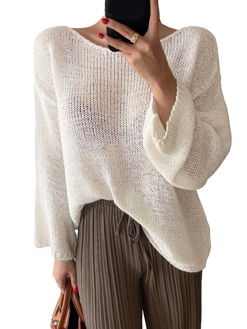 Cozyease Women's Lightweight Sweater Long Sleeve Sheer Mesh Crewneck Drop Shoulder Pullover Sweater Tops White M