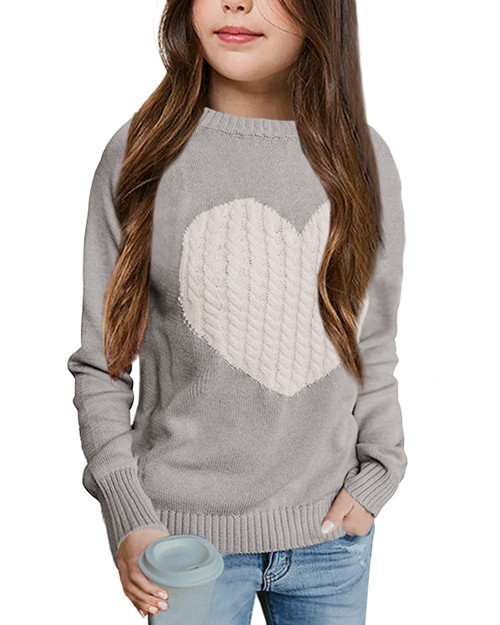 Batermoon Girls' Pullover Sweaters Long Sleeve Cute Heart Pattern Crewneck Knit Jumper Tops Grey