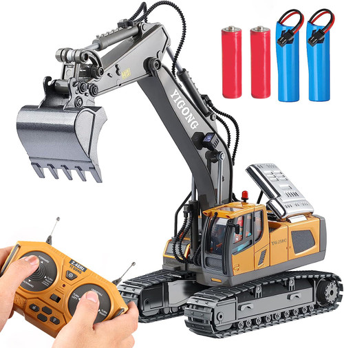 Remote Control Excavator Construction Toys for Boys, RC Excavator Toy with Metal Shovel, 11CH Excavator Toys for Boys 6-7 8-12 Year Old Kids Christmas Birthday Gifts, 2 Rechargeable Batteries