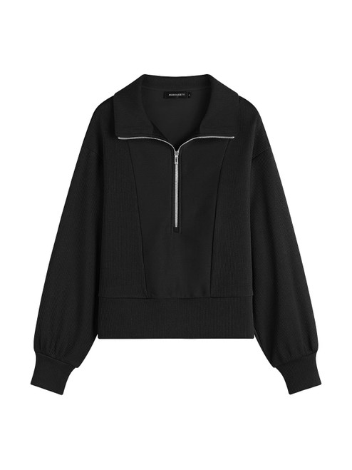 MEROKEETY Women's 2023 Long Sleeve Half Zip Cropped Sweatshirt Lapel Casual Ribbed Pullover Tops, Black, M