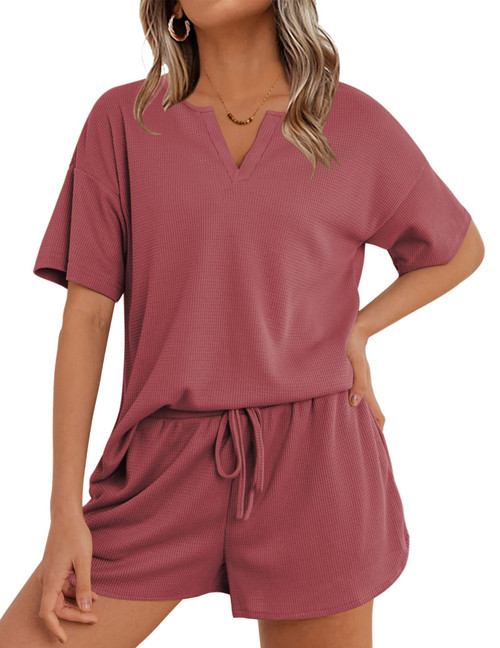 Ekouaer Waffle Knit Pajamas Set Womens Loungewear Short Sleeve Lounge Set 2 Piece PJ Sets S-XXL Fuchsia Red