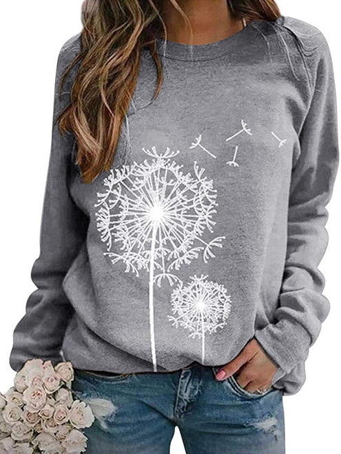 BANGELY Womens Dandelion Sweatshirt Casual Crewneck Loose Pullover Tops Long Sleeve Graphic Tee Shirt Gray