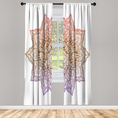 Ambesonne Lotus Window Curtains, Bohemian Tattoo Style Oriental Pattern of Mandala Abstract Lotus Flower Design, Lightweight Decorative 2-Panel Set & Rod Pocket, Pair of - 28" x 95", Amber White