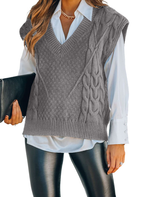 Dokotoo Oversized Sweaters for Women Grey Sweater Vest Women Sleeveless Sweater Tops Vintage Knit V Neck Sweater Vest Business Casual Outfits for Women Christmas Cropped Pullover Sweater Tank,Medium