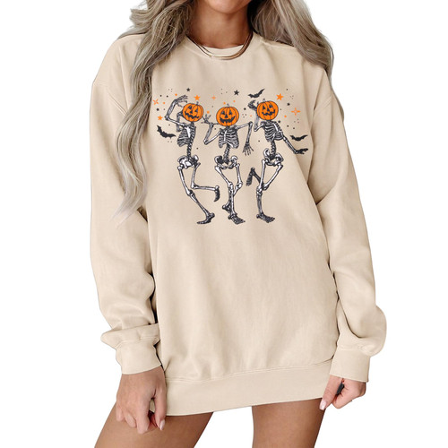 Ritatte Women Dancing Skeleton Halloween Sweatshirt Pumpkin Skull Graphic Pullover Top Spooky Season Crewneck Fall Shirt (Apricot-104, S)