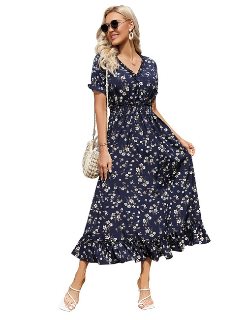 MISSKY Women's Summer Floral Print Boho Dress Short Sleeve Wrap V Neck Ruffle A-Line Flowy Beach Party Maxi Dresses Dark Blue 2XL