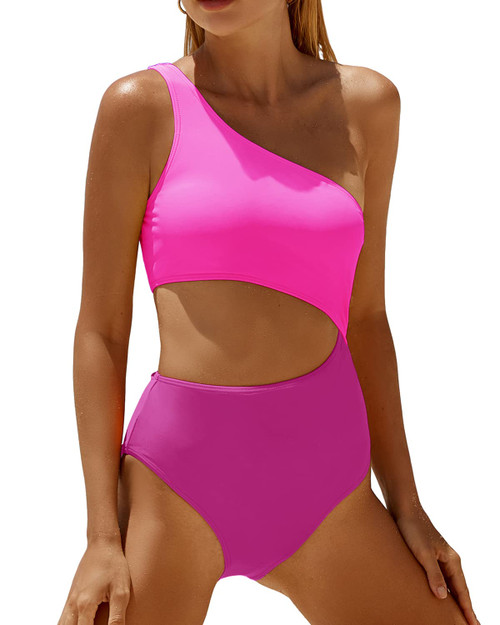 Yonique Women's One Piece Bathing Suit One Shoulder Swimsuit Cutout Swimwear Monokini Pink M