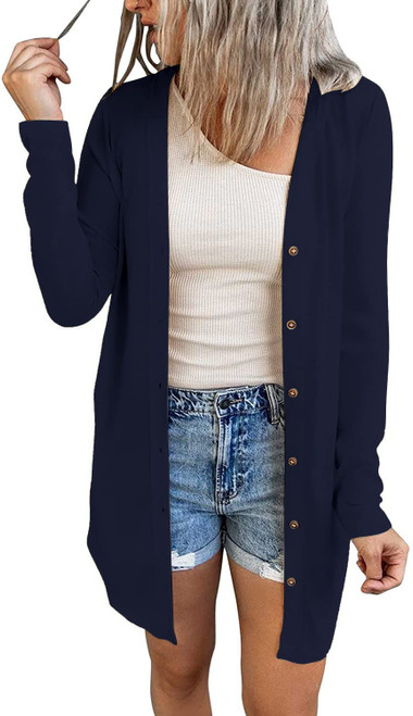 Fall Cardigan for Women Long Sleeve Casual Sweater Cardigans Open Front Cardigan Button Down Duster Navy Blue M