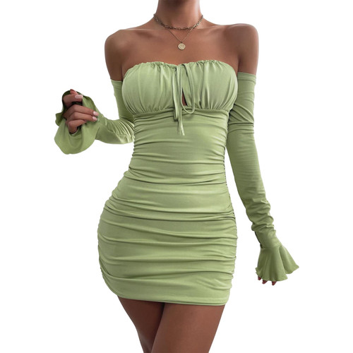 GXFGZZRS Womens Sexy Off Shoulder Ruched Bodycon Dress Long Sleeve Halter Mini Dress Party Club Tie Front Short Dresses Green GXFGZZRS Womens Sexy Off Shoulder Ruched Bodycon Dress Long Sleeve Halter Mini Dress Party Club Tie Front Short Dresses Green
