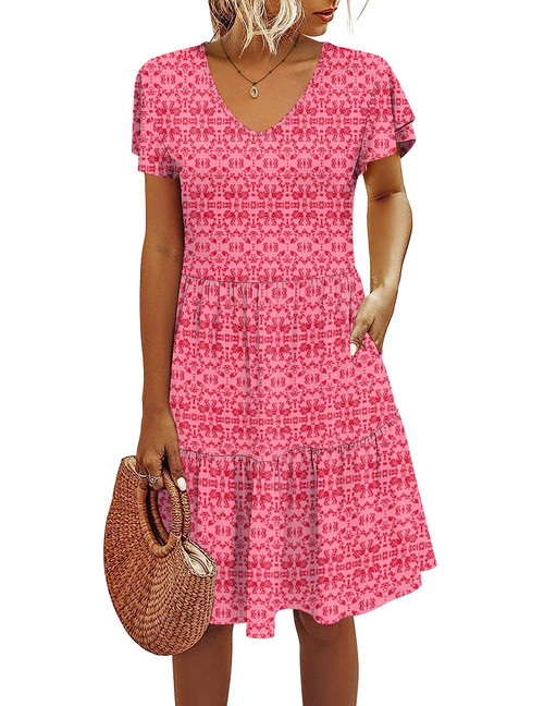 HOTOUCH Swing Dress with Cap Sleeves Women's Tiered Ruffle Dress Knee Length V-Neck Loose Swing Dress with Pockets HOTOUCH Swing Dress with Cap Sleeves Women's Tiered Ruffle Dress Knee Length V-Neck Loose Swing Dress with Pockets