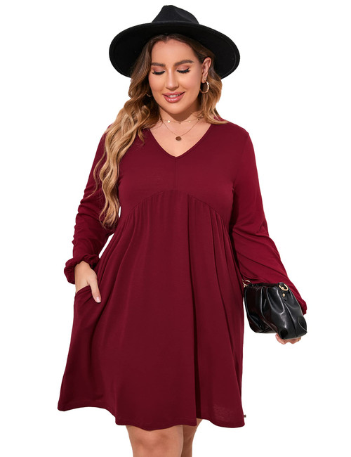 KOJOOIN Women Plus Size Long Lantern Sleeves Tunic Shift Dress V Neck Ruffle Loose Fit Flowy Swing Casual Midi Dress Red 4XL