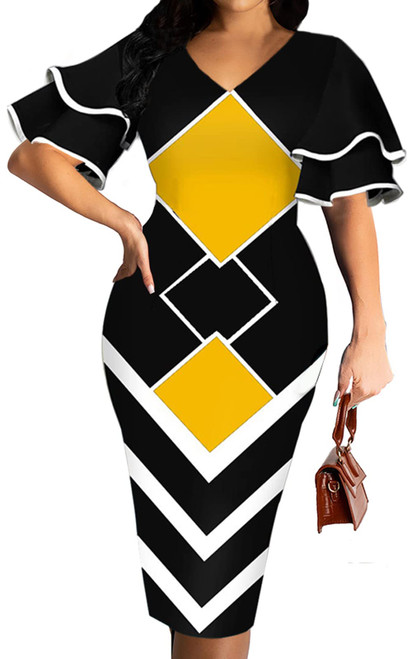 Women's Sexy Church Dress V Neck Short Ruffles Sleeve Clubwear Elegant Pencil Bodycon Midi African Ladies Dresses