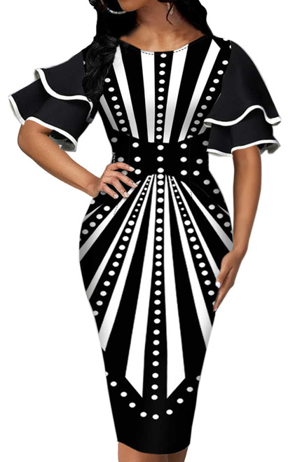 Women's Sexy Ladies Church Dress Crew Neck Short Ruffles Sleeve Elegant Bodycon Midi Pencil Dresses Clubwear