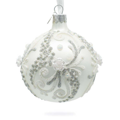Snow Swirls on White Glass Ball Christmas Ornament 3.25 Inches