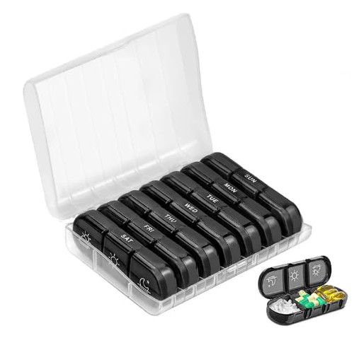 Weekly Pill Organizer 3 Times a Day, Portable Travel Pill Box 7 Day with Large Pill Containers, Light-Proof Pill Case for Vitamins, Medication, Supplements and Fish Oils (B)
