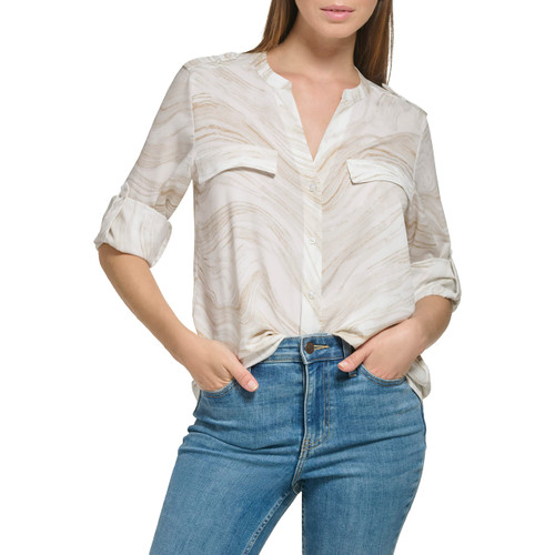 Calvin Klein Women's Printed CDC with Pockets Roll Sleeve Button Up Blouse (Plus Size), Soft White/Latte