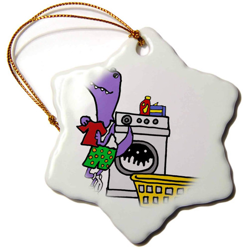 3dRose Funny Cute T-rex Dinosaur Doing Laundry and Washing Clothes - Ornaments (orn-334593-1)