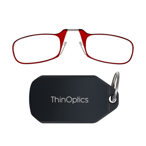 ThinOptics Keychain Readers Rectangular Reading Glasses, Black Case/Red Frames, 44 mm + 2