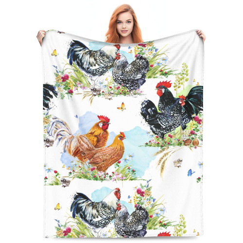 Rooster Chicken Butterfly Flowers-Blanket Super Soft Throw Blanket for Couch Bed Sofa Cozy Flannel Fuzzy Blanket Plush Throw Blankets for Women Men Gifts Travel Blanket for All Seasons, 50"x40"