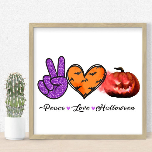 Nintydays Peace Love Halloween Pumpkin Wood Framed Sign Halloween Boo Wood Signs Farmhouse Rustic Wall Decor Sign for Laundry Room Bathroom Bedroom Decor with Frames 12x12in