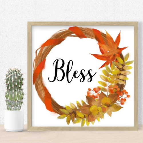 Nintydays Bless Watercolor Autumn Wreath Wood Framed Sign Autumn Decor Rustic Wooden Signs Farmhouse Rustic Wood Plaque for Laundry Room Bathroom Bedroom Sign Framed Sign New Home Owner Gift 12x12in