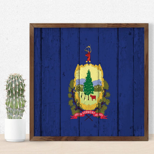 Vermont Framed Wood Sign Plaque Primitive Decor Vintage USA America Map Flag Signs Antique Wood Signs for Laundry Dinning Room Outdoor 12x12in