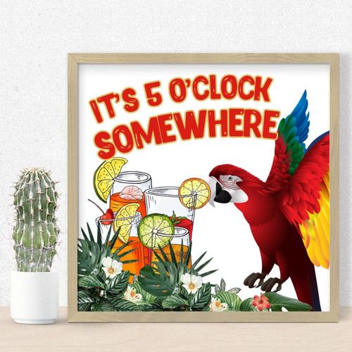It's Five O'clock Somewhere Wood Framed Printed Sign Family Wall Art Decor Rustic Parrot Flowers Flamingo Beach Signs Retro Wooden Sign for Offices Laundry Pantry 12x12in