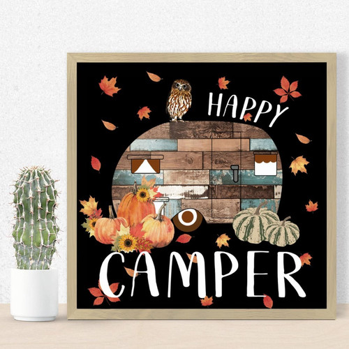 Nintydays Fall Pumpkin Camping Wood Framed Sign Fall Camping Trailer Wooden Plaque Farmhouse Rustic Wall Decor Sign for Laundry Room Bathroom Above Bed Sign Frame Wall Decoration Fall Leaves 12x12in