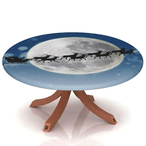Yaofuren Christmas Round Table Cover Elastic Edge,for 36" to 44" Round Tables,Reindeer Sleigh Silhouette Pattern,Suitable for Festival Holiday Celebrate Party Table Round Tables Decoration,Blue Black