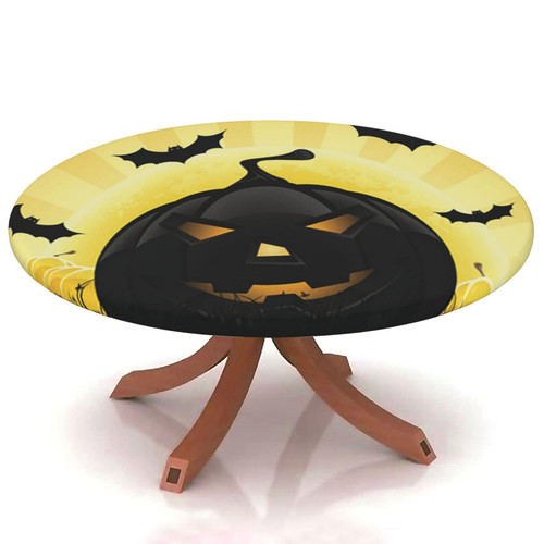 halloween Round Fitted Tablecloth Elastic Edge,for 36" to 44" Round Tables,Jack o' lantern background at dusk,Suitable for festival holiday celebrate party Table round Tables Decoration,golden black