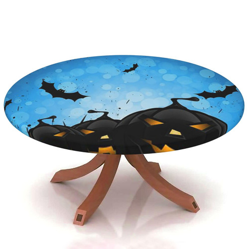 halloween Round Table Cover Elastic Edge,for 36" to 44" Round Tables,Jack o' lantern silhouette background,Can Wipe Indoor/Outdoor Dining Table coverr festival holiday celebrate party,black blue