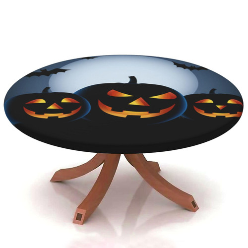 Yaofuren Halloween Round Fitted Tablecloth Elastic Edge,for 36" to 44" Round Tables,Jack o Lantern Silhouette Pattern,Suitable for Festival Holiday Celebrate Party Table Round Tables Decoration,Black