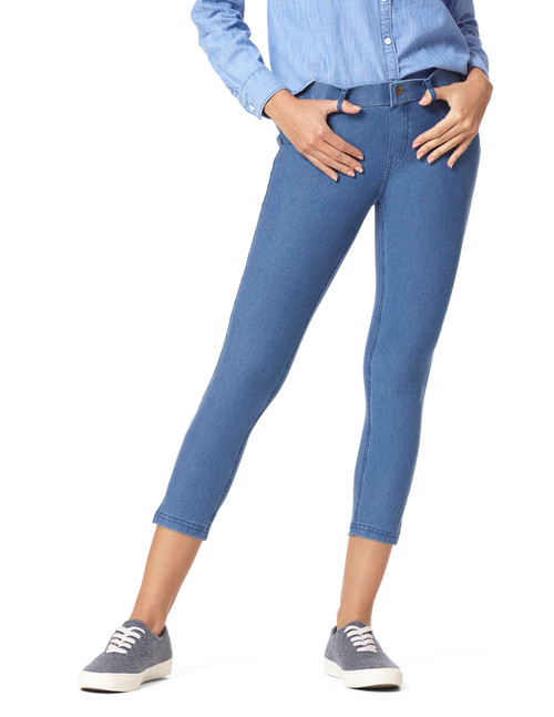 HUE Women's Ankle Slit Essential Denim Capri, Medium Wash, Large