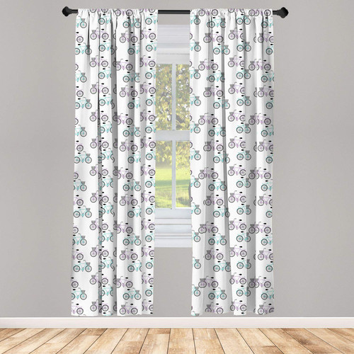 Lunarable Bicycle Curtains, Vintage Pattern of Simple Bike with Cage Baskets, Window Treatments 2 Panel Set for Living Room Bedroom, Pair of - 28" x 63", Turquoise Lilac Black