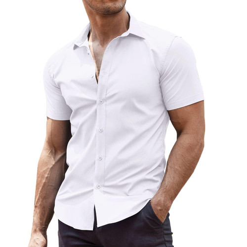 COOFANDY Men's Dress Shirts Slim Fit Wrinkle-Free Short Sleeve Casual Button Down Shirt White