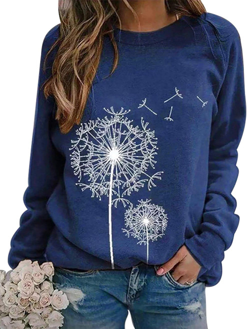 BANGELY Womens Dandelion Sweatshirt Casual Crewneck Loose Pullover Tops Long Sleeve Graphic Tee Shirt Blue