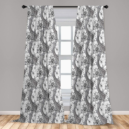 Ambesonne East Window Curtains, Sketch Style Lotus and Carp Koi Fish Japanese of Friendship Monochrome, Lightweight Decor 2-Panel Set with Rod Pocket, Pair of - 28" x 95", Charcoal White