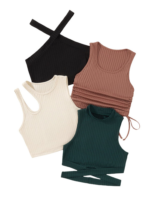 MakeMeChic Women's Casual 4 Pieces Solid Ribbed Knit Crop Tank Tops Vest Pack M Multi XL