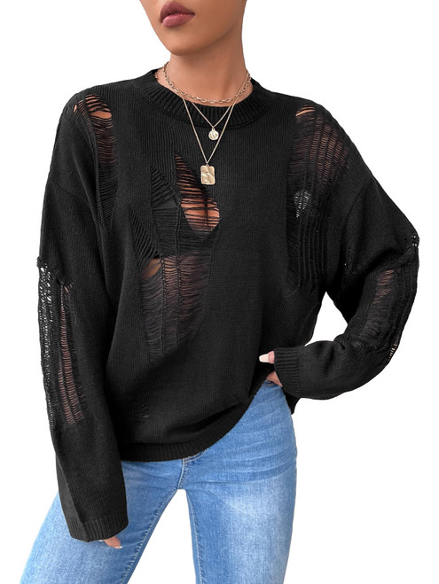 GORGLITTER Women's Ripped Drop Shoulder Sweater Top Long Sleeve Round Neck Pullovers Black Large