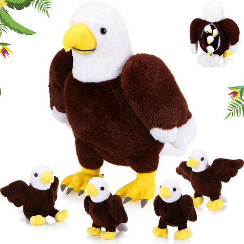 Lenwen 5 Pcs Realistic Bald Eagle Stuffed Animal Bulk 1 Mommy Bald Eagle Stuffed Animal with 4 Cute Plush Baby Bald Eagles Plush Wild Bald Eagles Stuffed Animal Toy for Boys Girls Birders Zoo Gifts