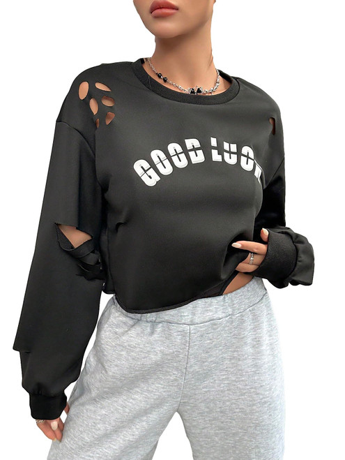 SweatyRocks Women's Casual Long Sleeve Crew Neck Letter Print Crop Top Sweatshirt Black Letter Large
