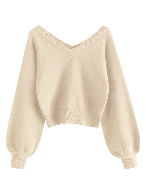 ZAFUL Women's Cropped Sweater V-Neck Long Sleeve Crop Sweater Pullover Jumper Knit Top (1-Apricot, L)