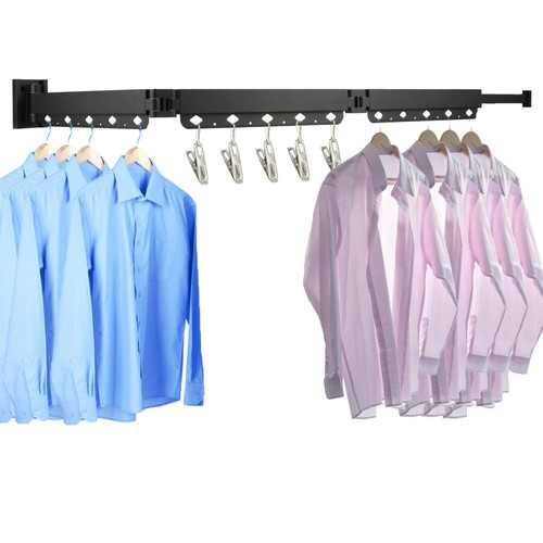 Wall Mounted Clothes Hanger Rack, Clothes Drying Rack Retractable wall mounted drying rack, 3 Fold Laundry Drying Rack, Windproof Holes,with Clips, Space-Saver for Balcony Laundry Bathroom Patio