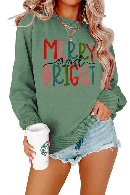 MODNTOGA Women's Merry and Bright Crewneck Sweatshirt Long Sleeve Merry Christmas Sweatshirt Retro Fall Winter Pullover Tops (Green, XL)