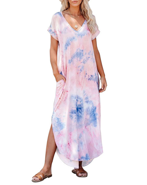 LRISES 2023 Summer Tie Dye Maxi Dress for Women Boho Short Sleeve V Neck Casual Loose Split Pockets Beach Long Dresses LRISES 2023 Summer Tie Dye Maxi Dress for Women Boho Short Sleeve V Neck Casual Loose Split Pockets Beach Long Dresses