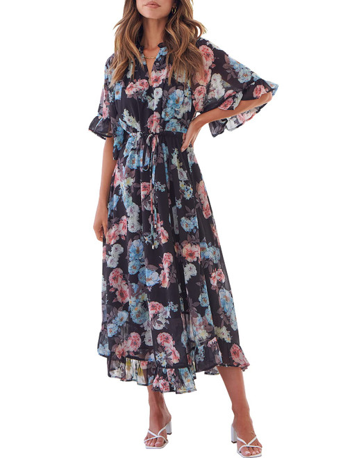 ANRABESS Women's Summer Ruffle Maxi Dress Floral Print 3/4 Bell Sleeve V Neck High Waist Flowy Boho Long Dress 746heimudan-M