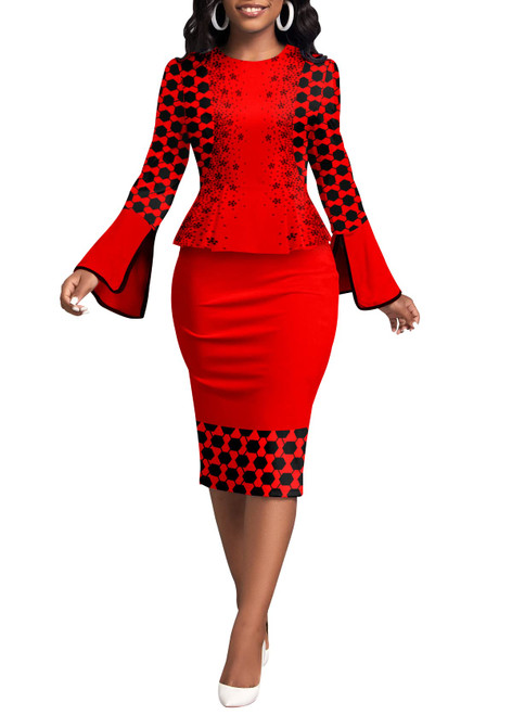 Women's Vintage Bodycon Dress Long Bell Sleeve Peplum Business Formal Work Pencil Dresses(Red,XL)